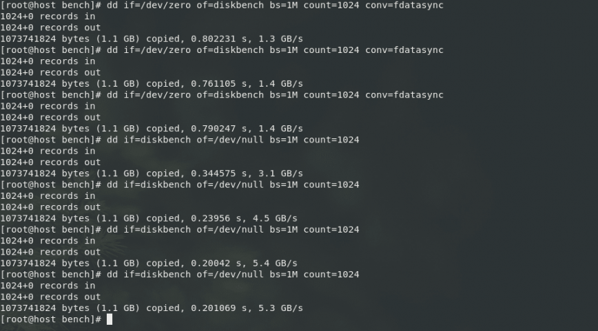 disk write and memory buffered read quick DD bench