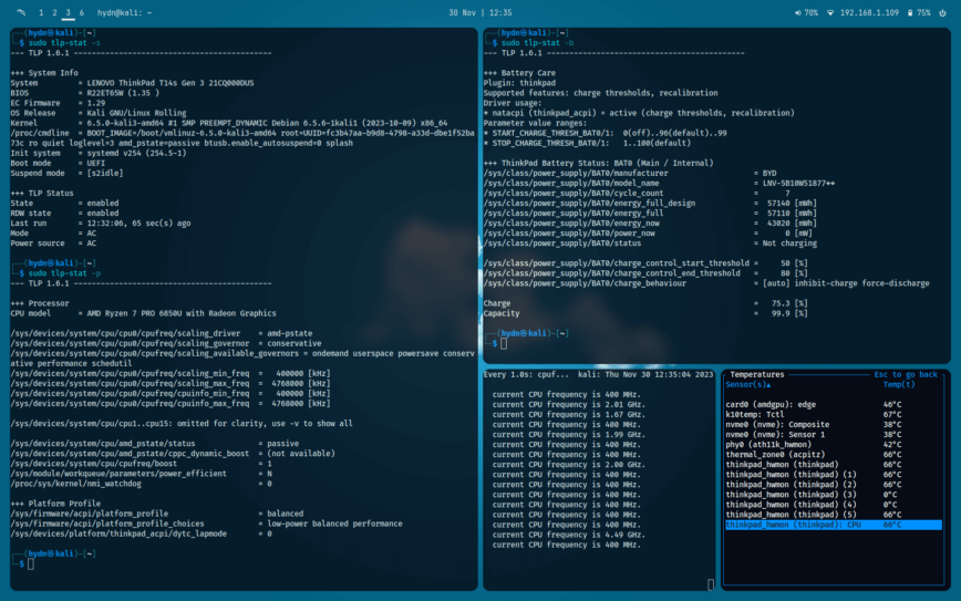 tlp-stat -s, tlp-stat -p and tlp-stat -b